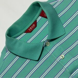 Izod Green Luxury Sport Polo Shirt Blue & White Stripes Size M ~ Excellent